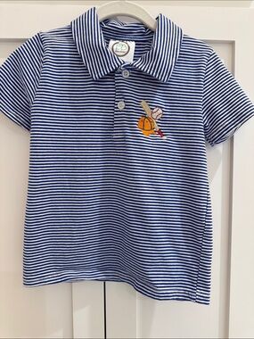 Blanke Boutique Blue/White Stripe Polo with Baseball Theme Embroidery 3T